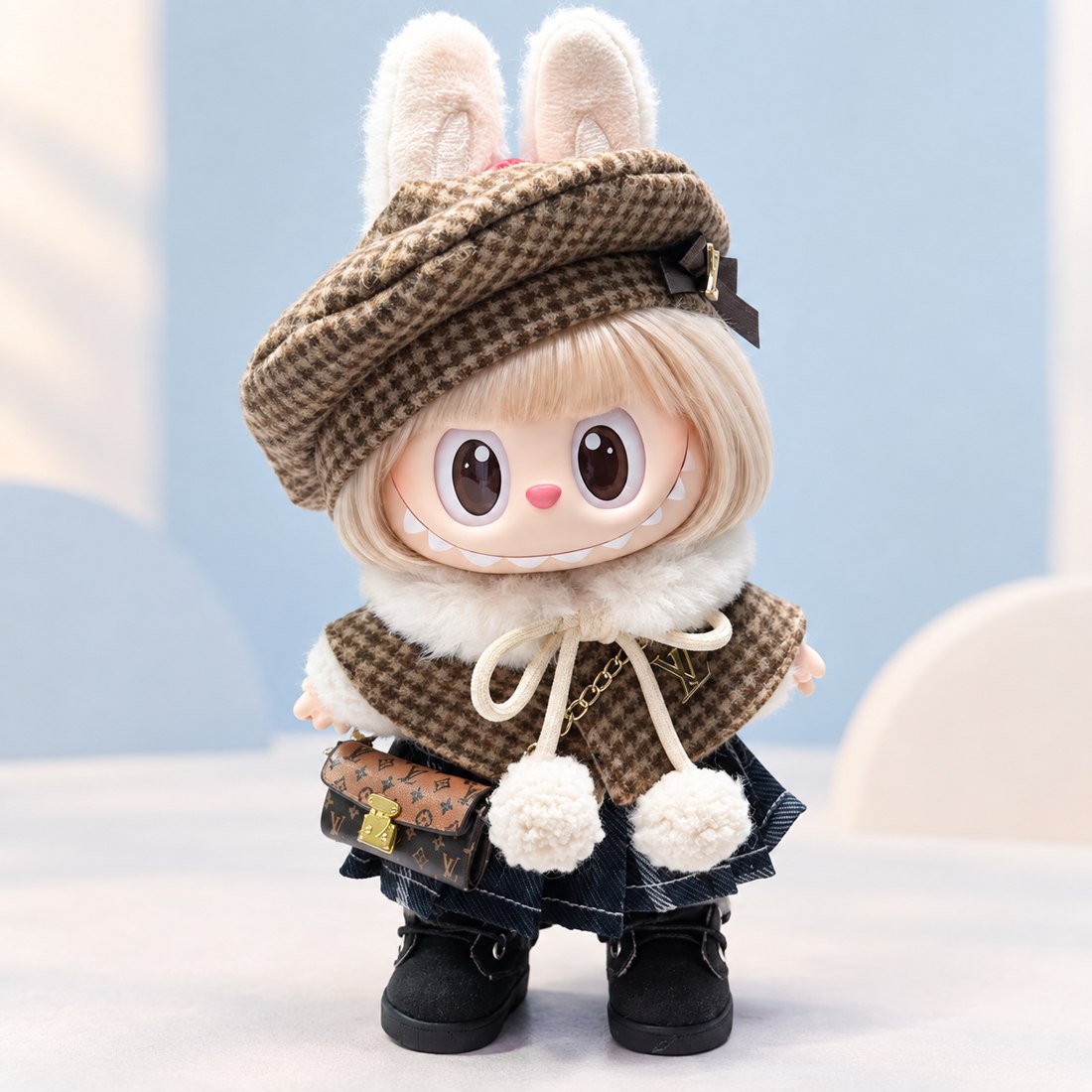 Plush doll wearing vintage blue retro two-piece outfit