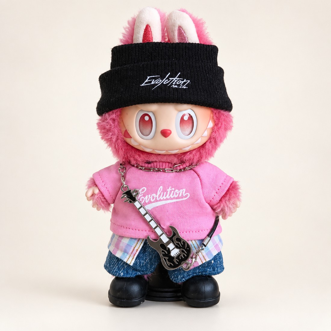 Plush doll wearing 6-piece rockstar concert outfit — hat, tee, jeans and guitar charm — plush toy clothes sized 15-25 cm