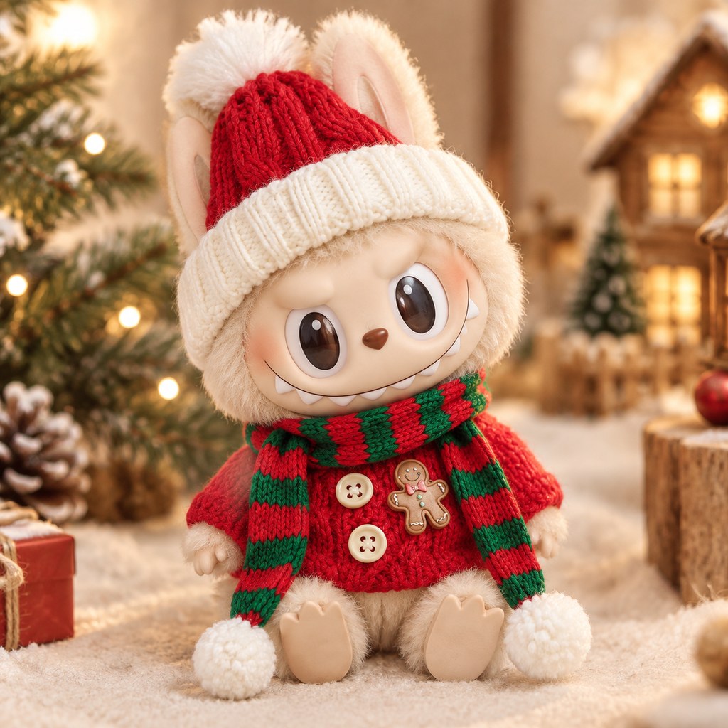 Santa knit trio flat-lay: red cable-knit cardigan with gingerbread patch, knit Santa hat and red-green striped scarf — doll clothes for 17 cm Labubu-style plushies