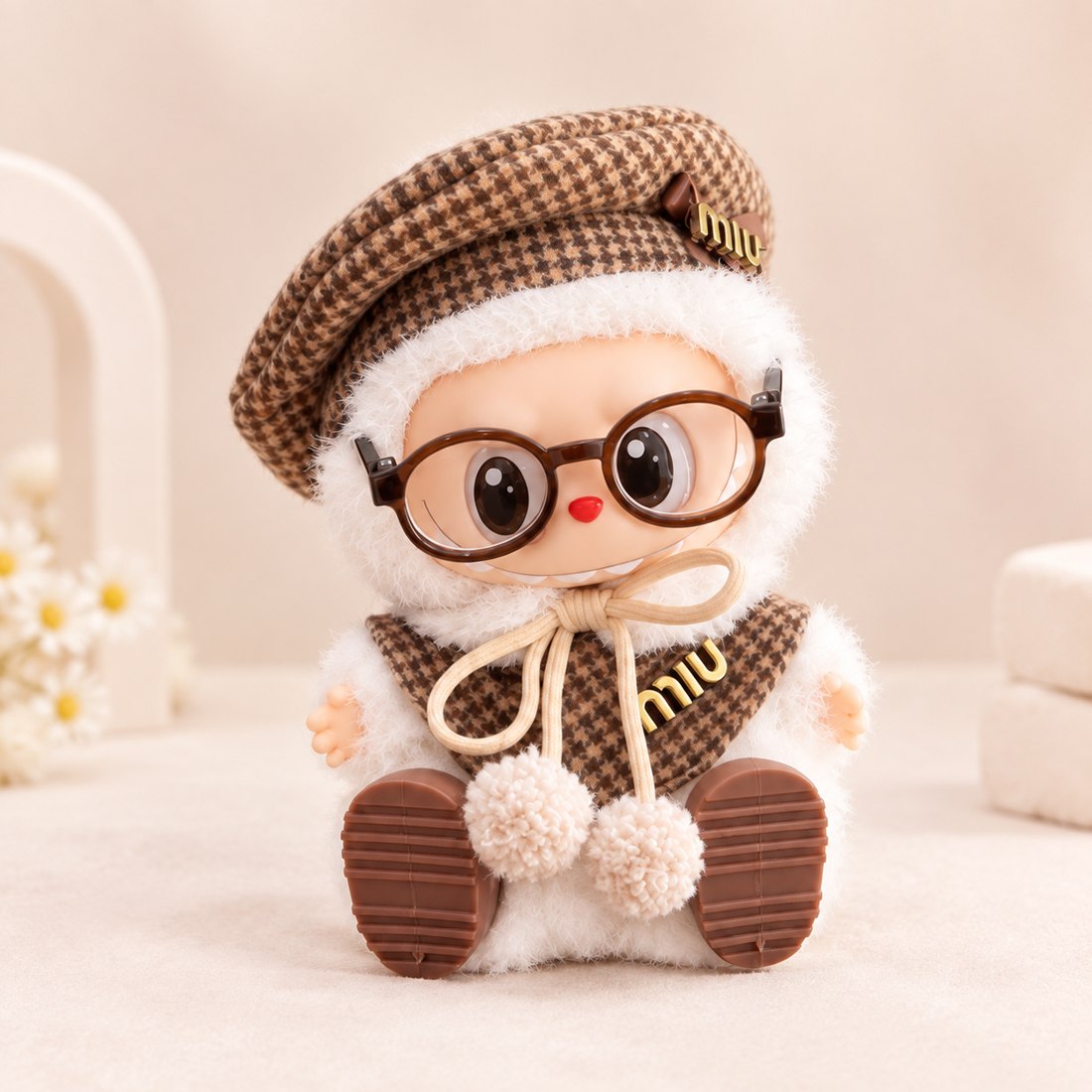 Plush doll wearing plaid beret with glasses and bow scarf