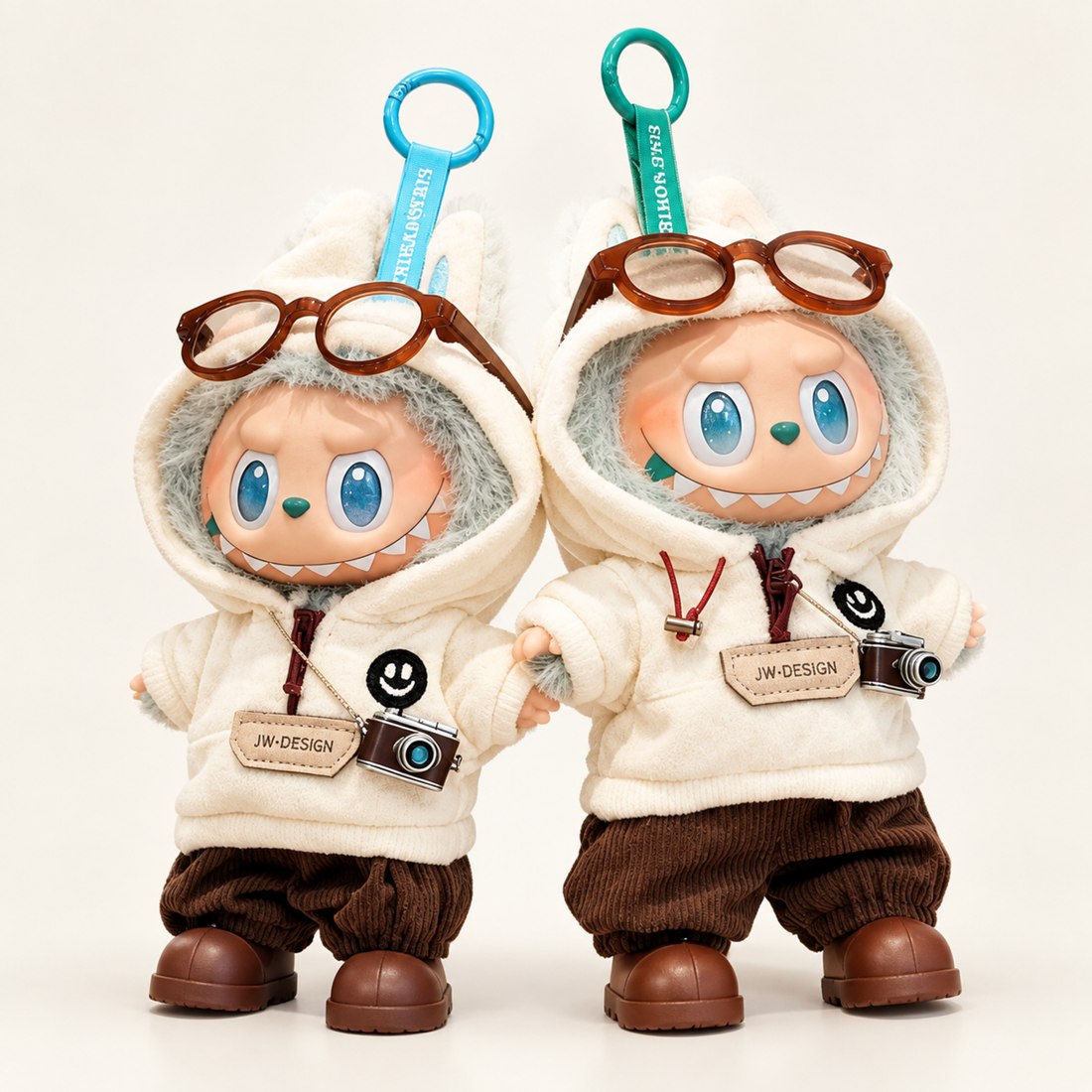Plush doll wearing a sherpa fleece hoodie with pants, shoes, glasses and camera charm — doll clothes for 17 cm Labubu-style plushies