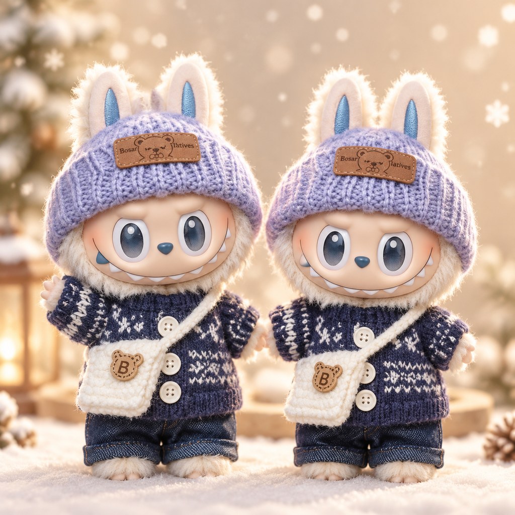Doll wearing lavender snowflake knit hat and navy snowflake sweater with jeans and a bear charm — doll clothes for 17 cm Labubu-style plushies