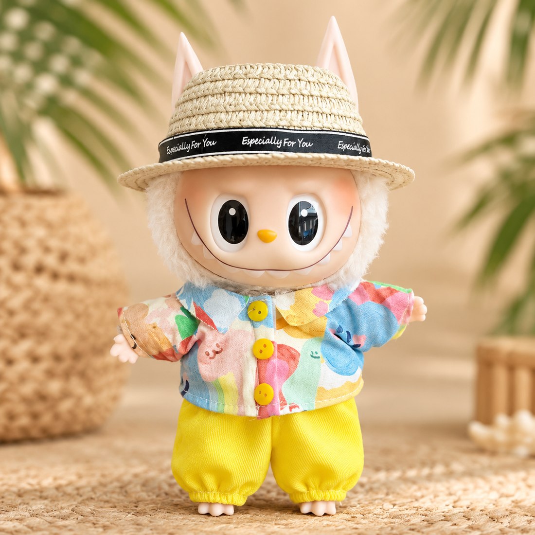 Plush doll wearing a straw hat, colorful resort shirt and yellow shorts summer set — doll clothes for 17 cm Labubu-style plushies