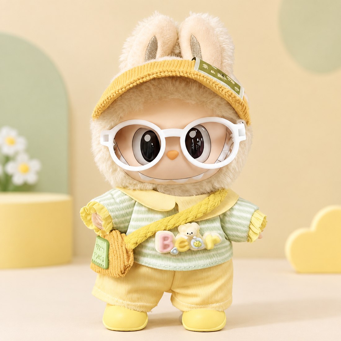 Plush doll wearing yellow green striped overalls with hat and bag