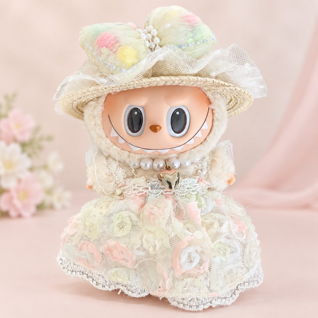 Plush doll wearing ivory pink Thai style outfit with pearl necklace — plush toy clothes sized 15-25 cm
