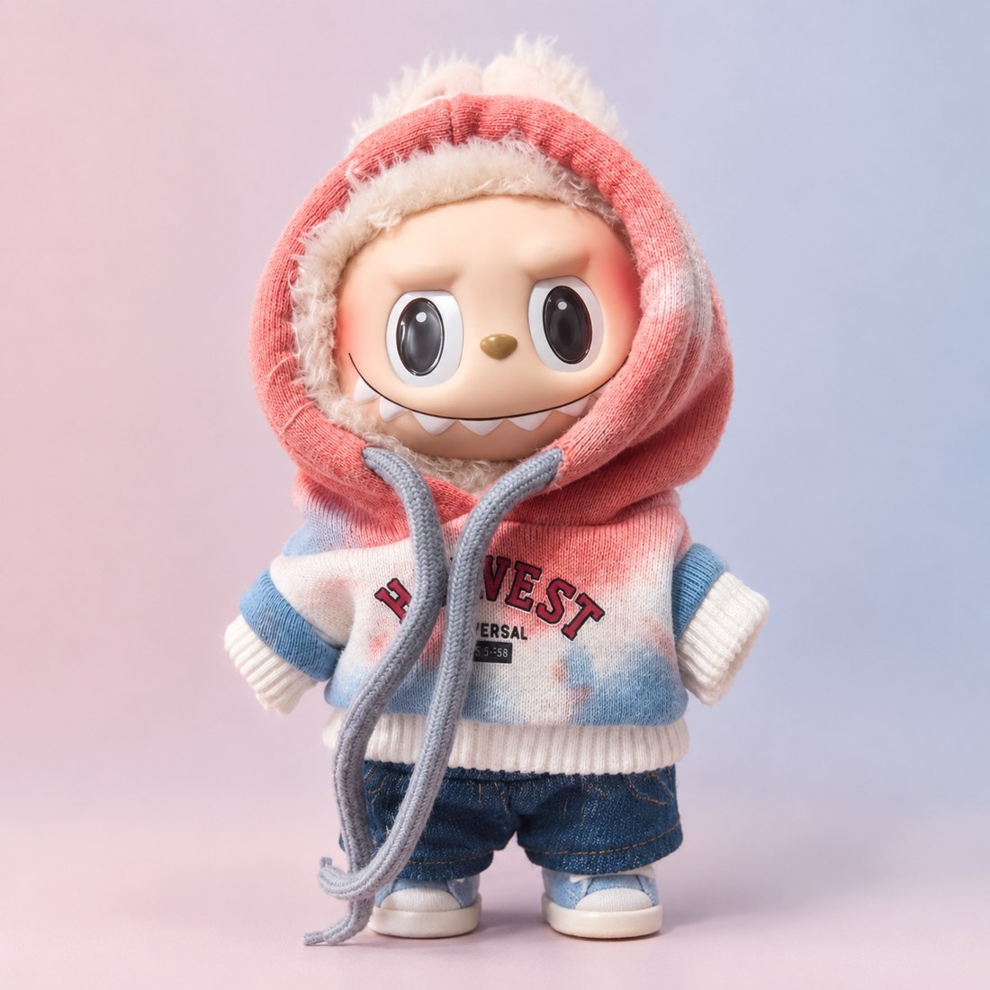 Plush doll wearing pink blue tie-dye gradient hoodie