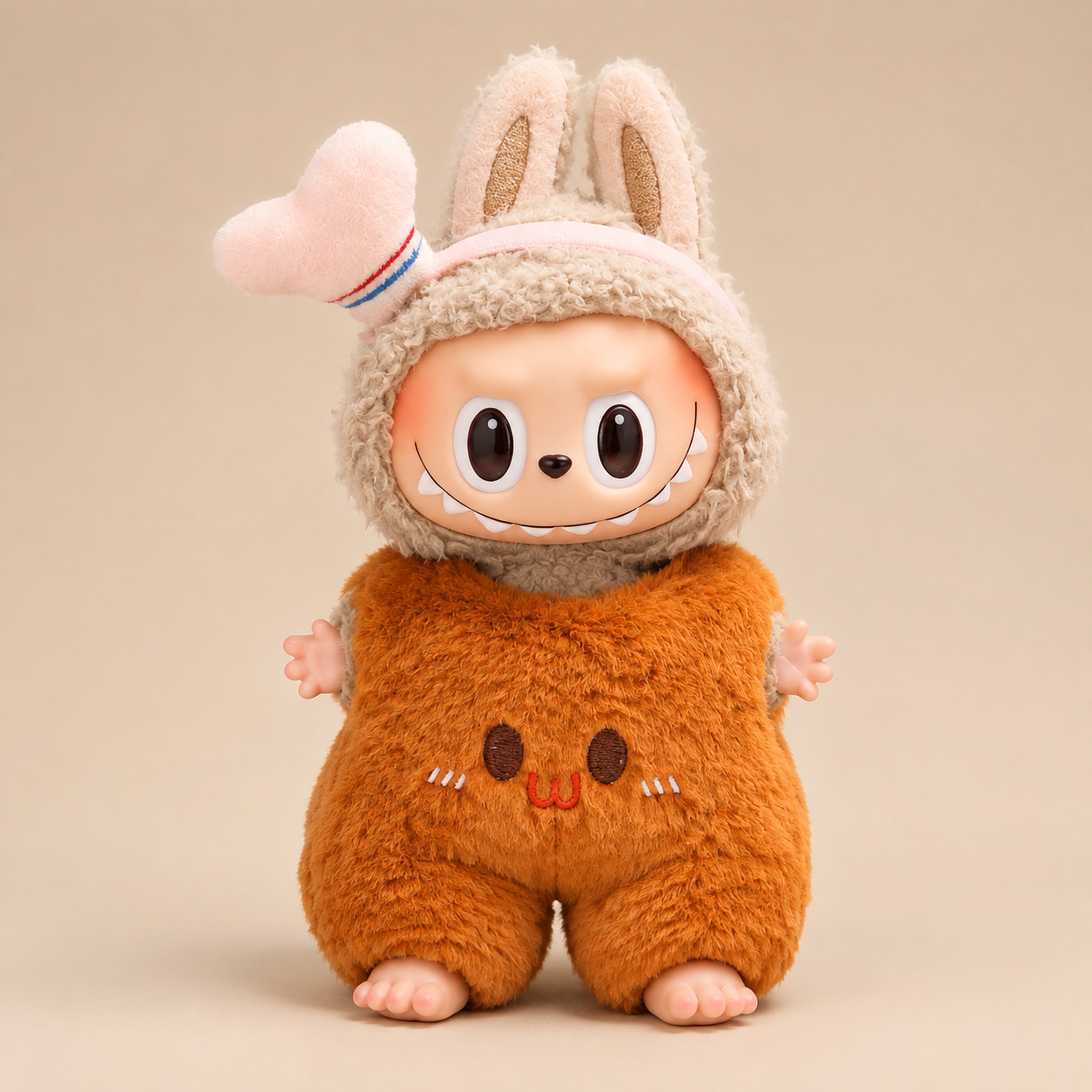 17 cm plush doll wearing the orange two-piece toast bunny bakery outfit with its chicken-drumstick motif — plush toy clothes sized 15-25 cm