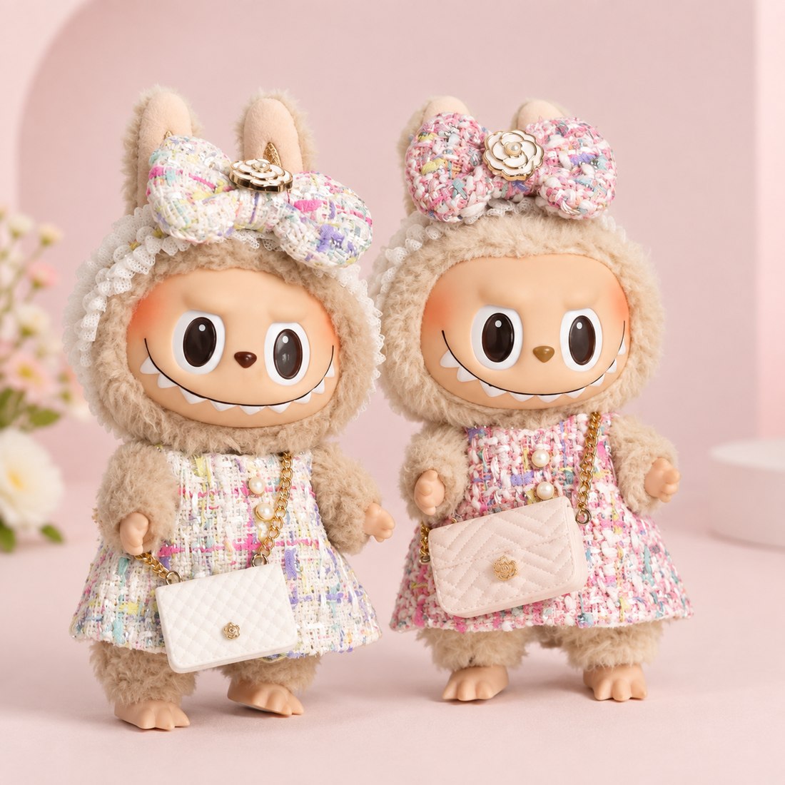Plush doll wearing pink macaron tweed style outfit with bag — plush toy clothes sized 15-25 cm