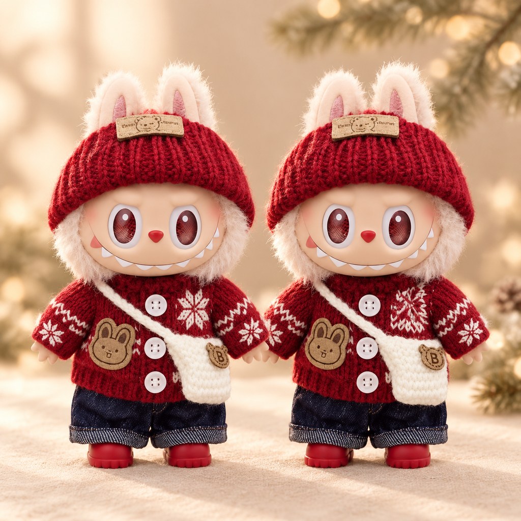 17cm Labubu-style vinyl doll wearing a red vintage knit sweater as a Christmas outfit — plush toy clothes sized 15-25 cm