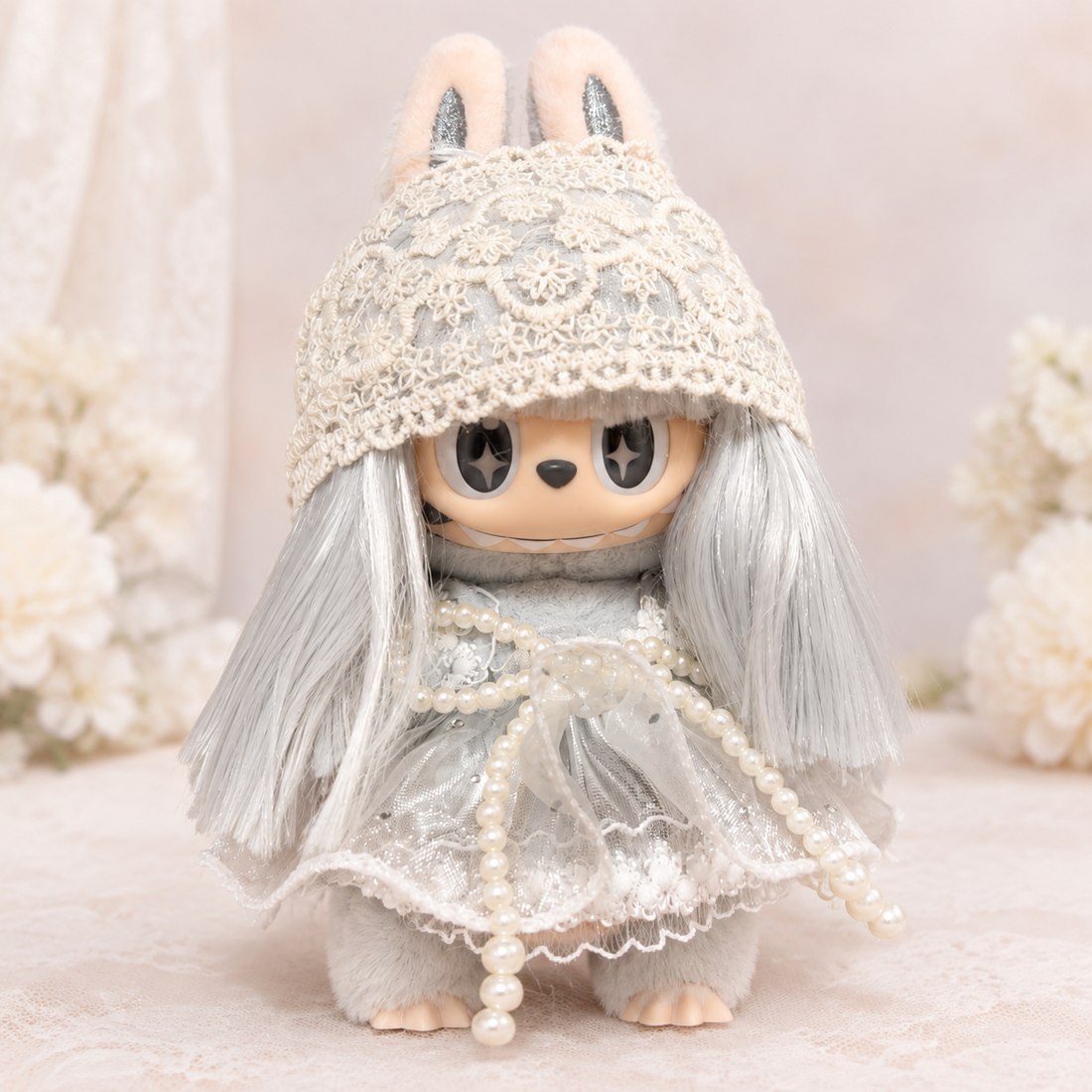 Ivory vintage lace dress with veil and pearls on a plush doll