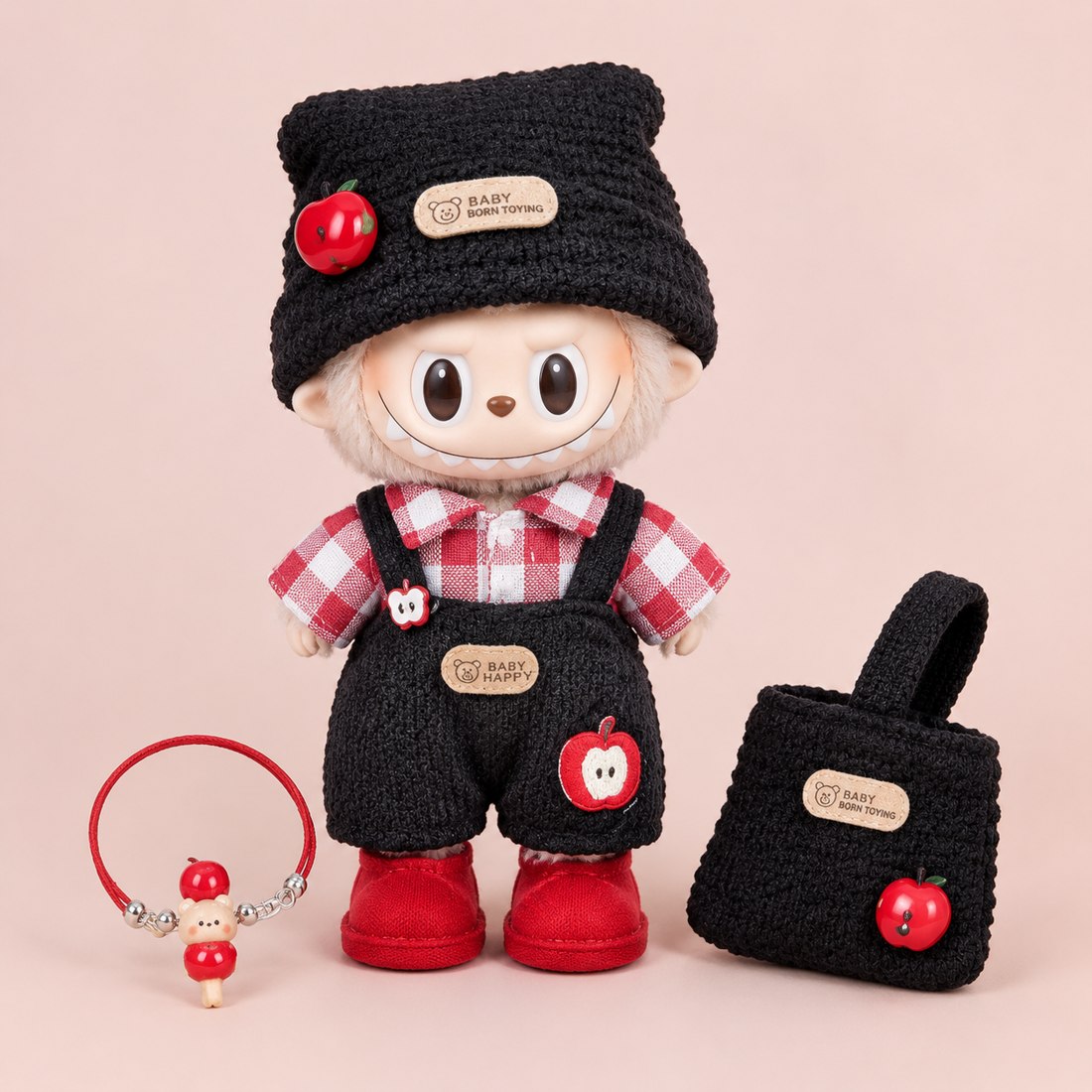 Plush doll wearing cozy knit winter outfit with hat scarf and boots