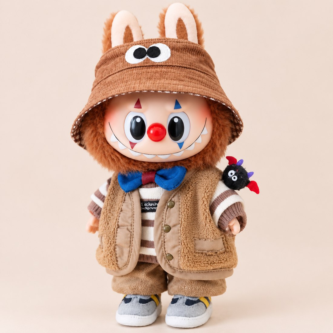 Plush doll wearing layered winter outfit with hat, hoodie, vest and pants