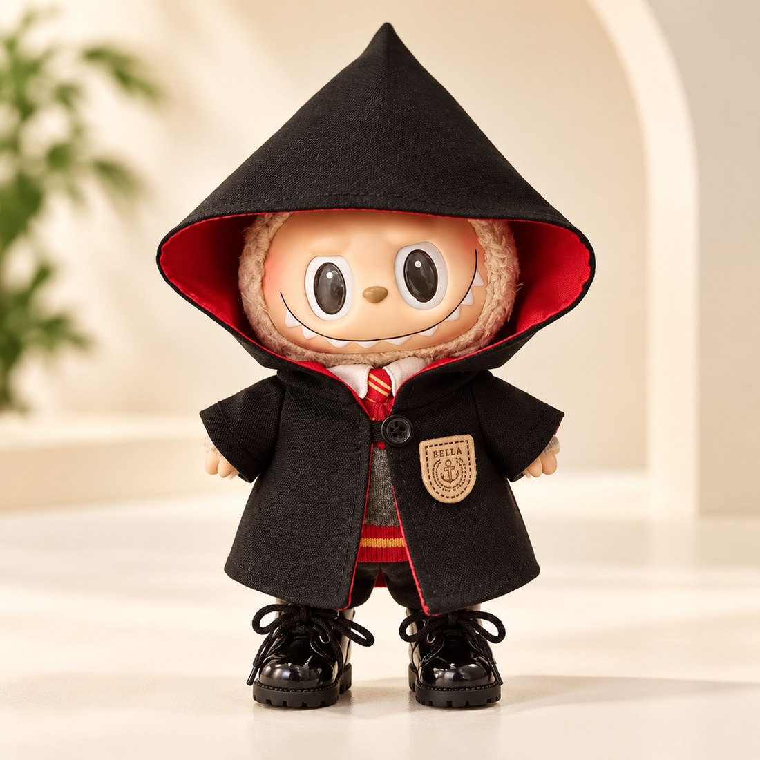 Plush doll wearing wizard school uniform set with red cloak, hat, tie and chest badge — doll clothes for 17 cm Labubu-style plushies